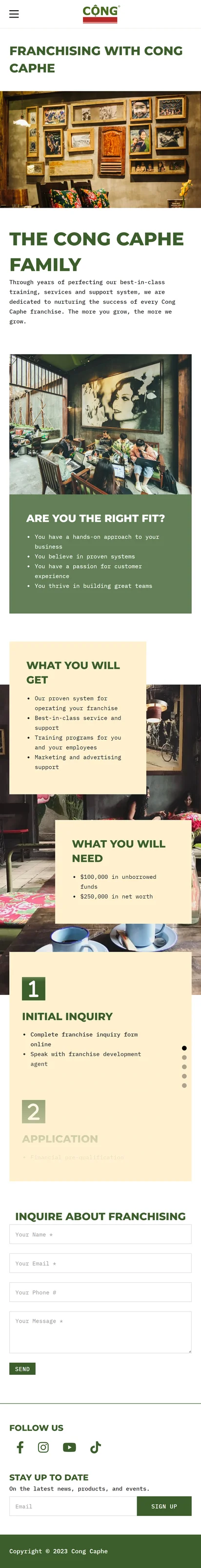 The homepage of a Vietnamese cafe with a green background. | Triple Dub Media