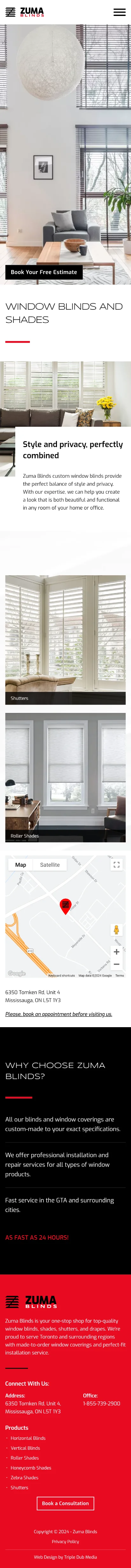 A ZumaBlinds website design with red and black colors. | Triple Dub Media