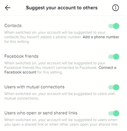 Example of social brokering from TikTok where settings are pre set to suggest an account